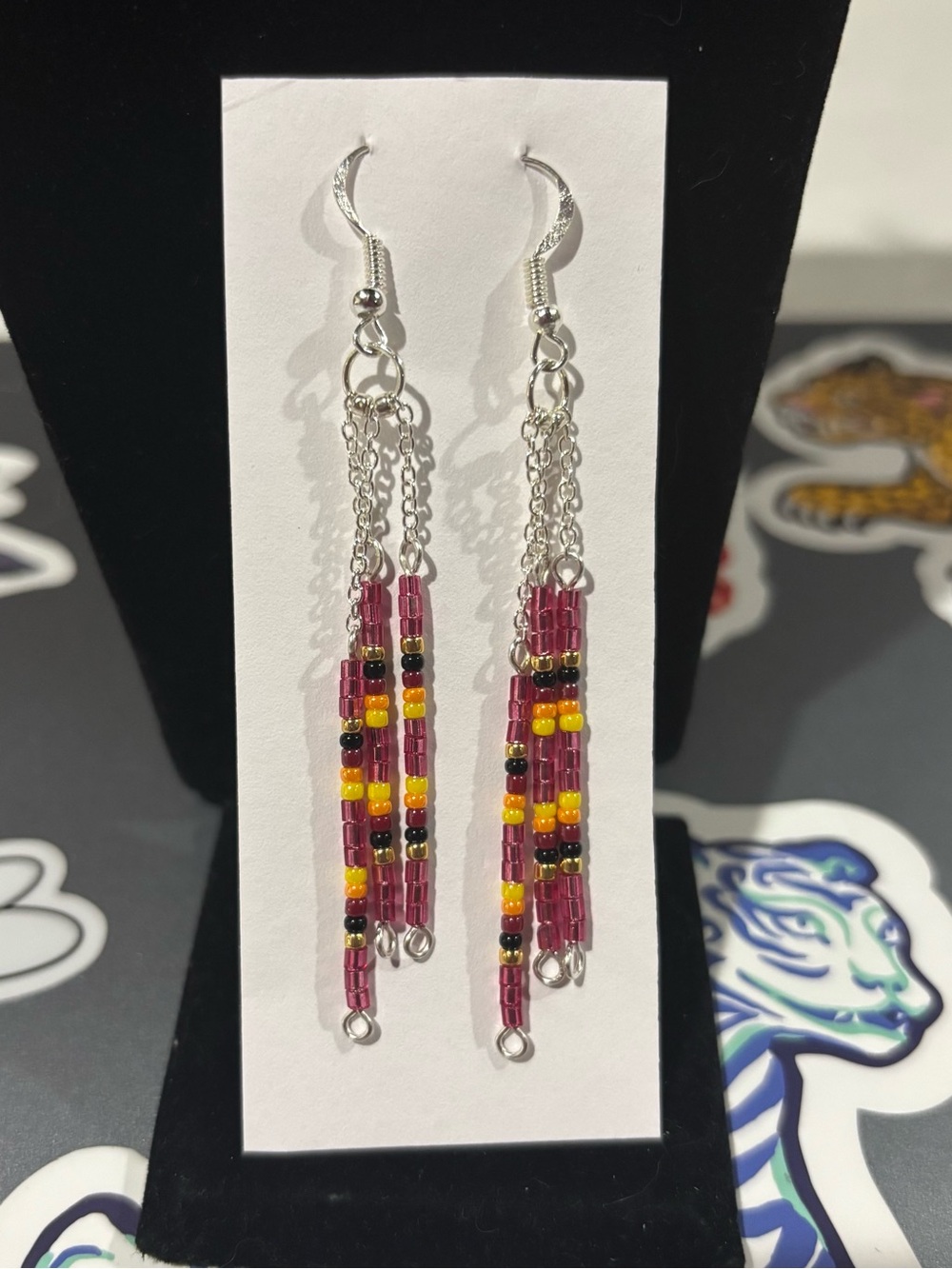 Navajo Handmade Seed Dangle Earrings in Maroon, Yellow & Black